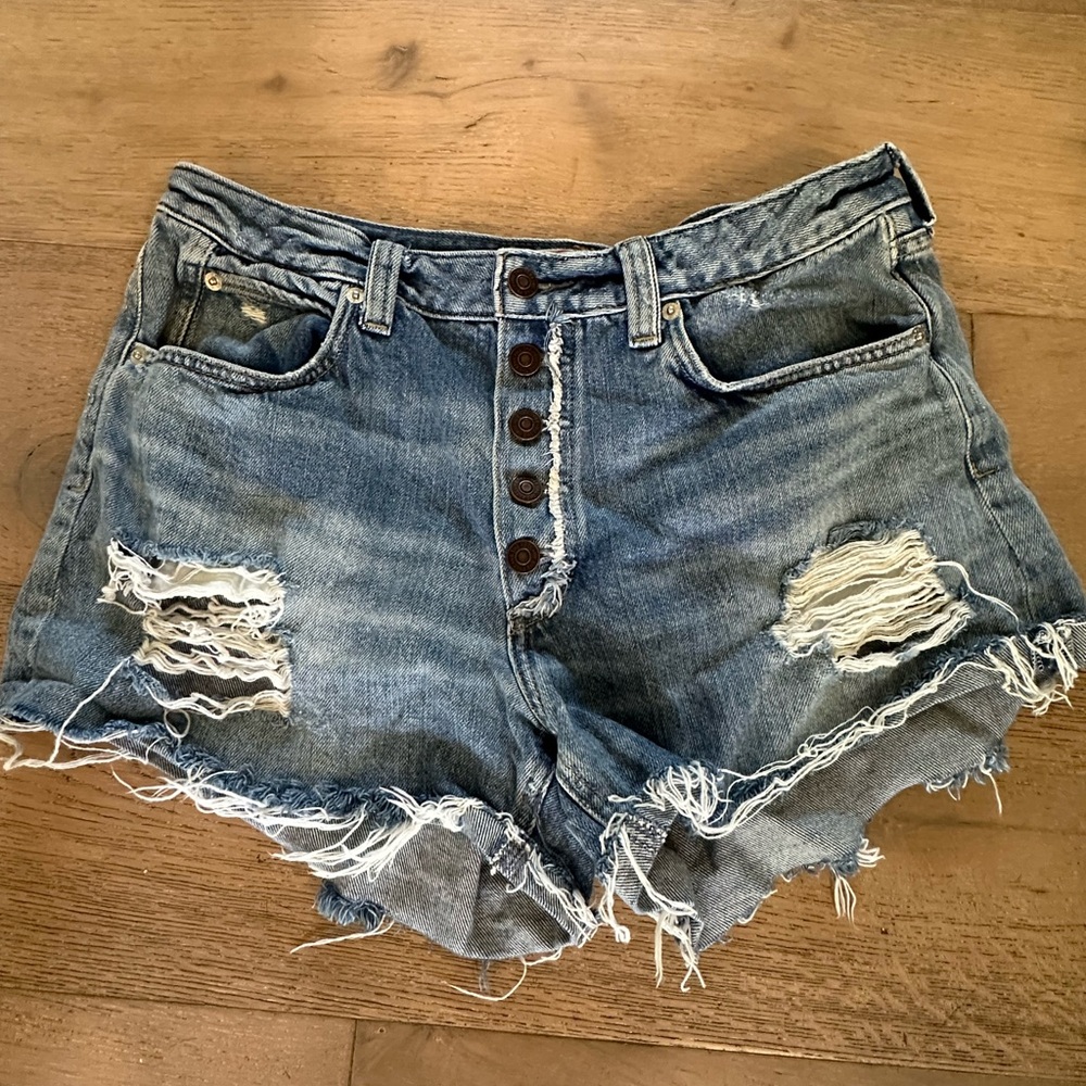 We The Free Distressed Light Blue Button-Fly Denim Shorts